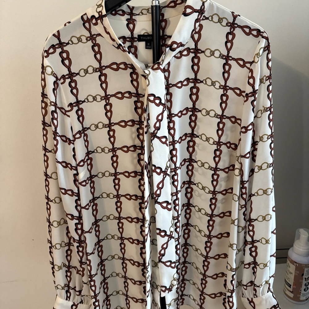 Talbots White and Brown Chain Print Blouse